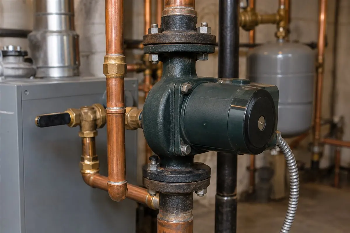 Boiler circulator pump and hydronic heating pipes in Medford MA