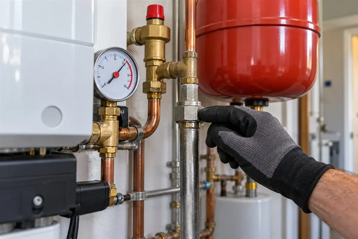 Boiler pressure gauge and pipe connection inspected for a leak in Medford MA