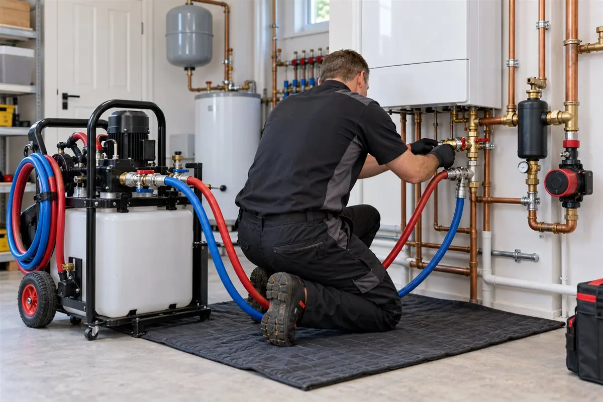 Technician connecting flushing equipment during boiler maintenance in Medford MA