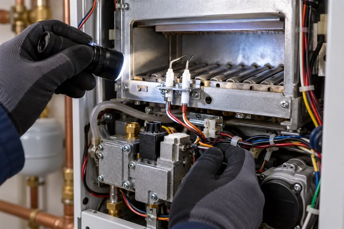 Boiler ignition components inspected during a pilot light and ignition repair in Medford MA