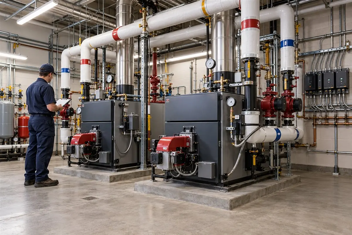 Commercial boiler room with boilers pumps and heating controls in Medford MA