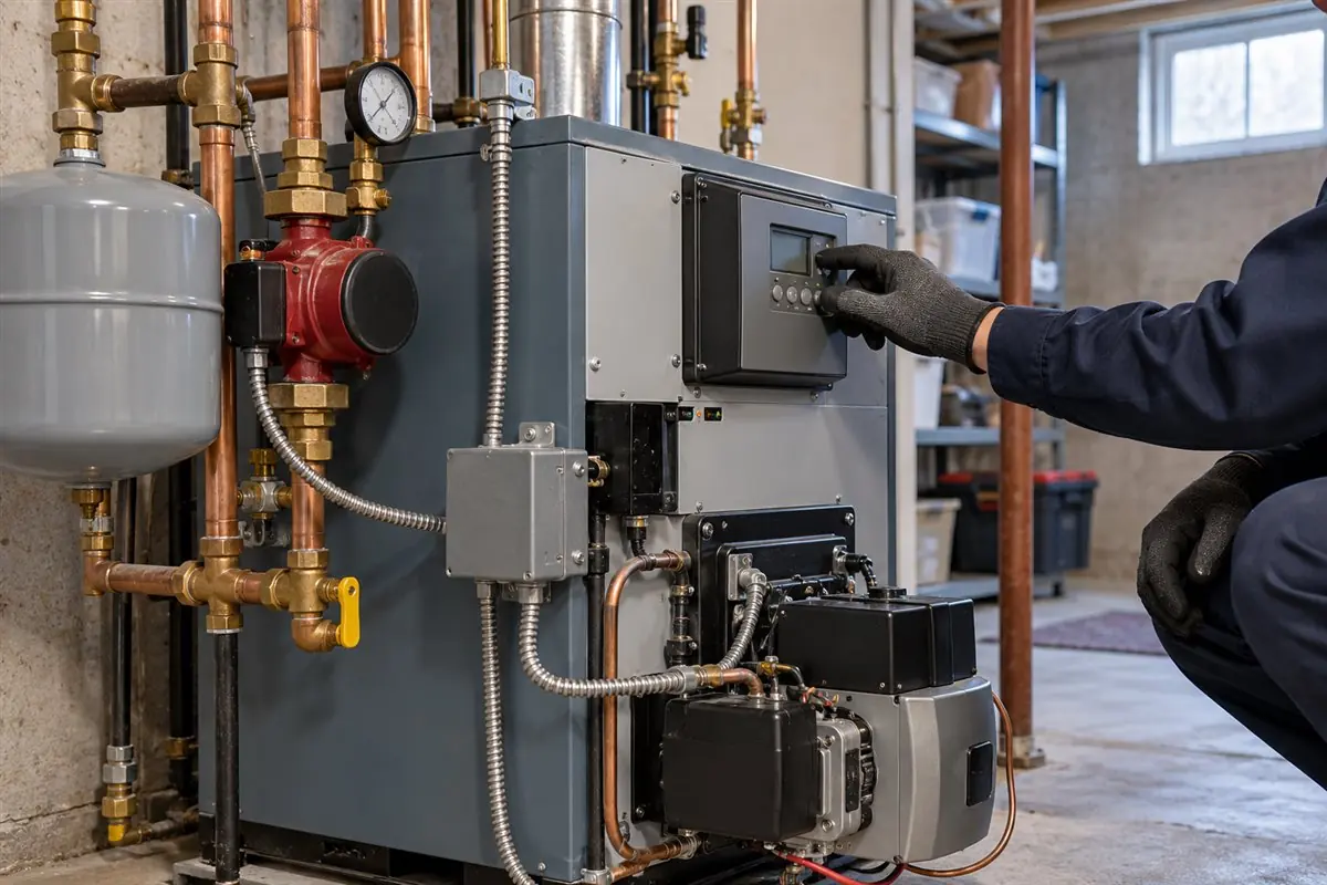 Technician inspecting a residential boiler during an emergency heating repair in Medford MA
