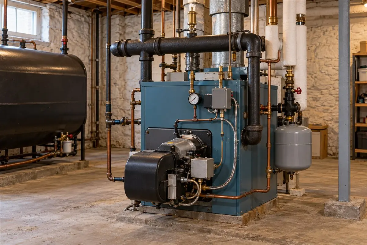 Oil-fired steam boiler and heating pipes in a residential basement in Medford MA