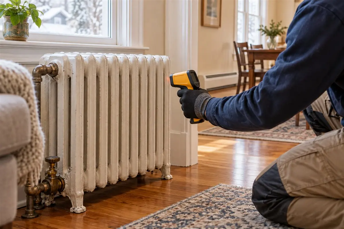 Technician checking a cast-iron radiator and hydronic baseboard heating in Medford MA